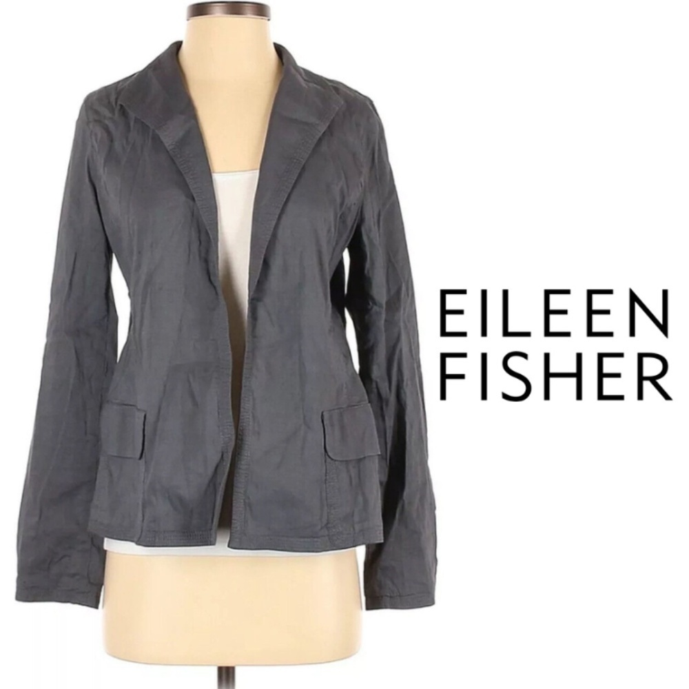 Eileen Fisher Grey Linen Blend Cropped Blazer Jacket - Size Medium